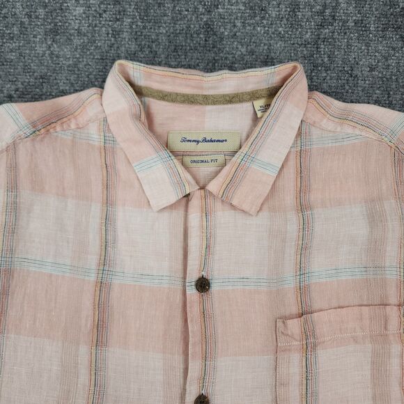 Tommy Bahama Shirt Mens XL Plaid Linen Camp Loop Collar Coconut Buttons Sur Mer - Picture 8 of 16